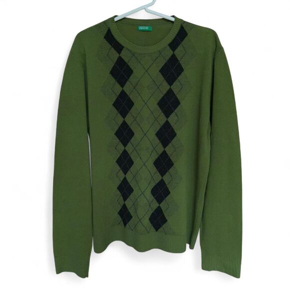 Vintage Benetton green argyle crewneck sweater size L - Picture 2 of 8